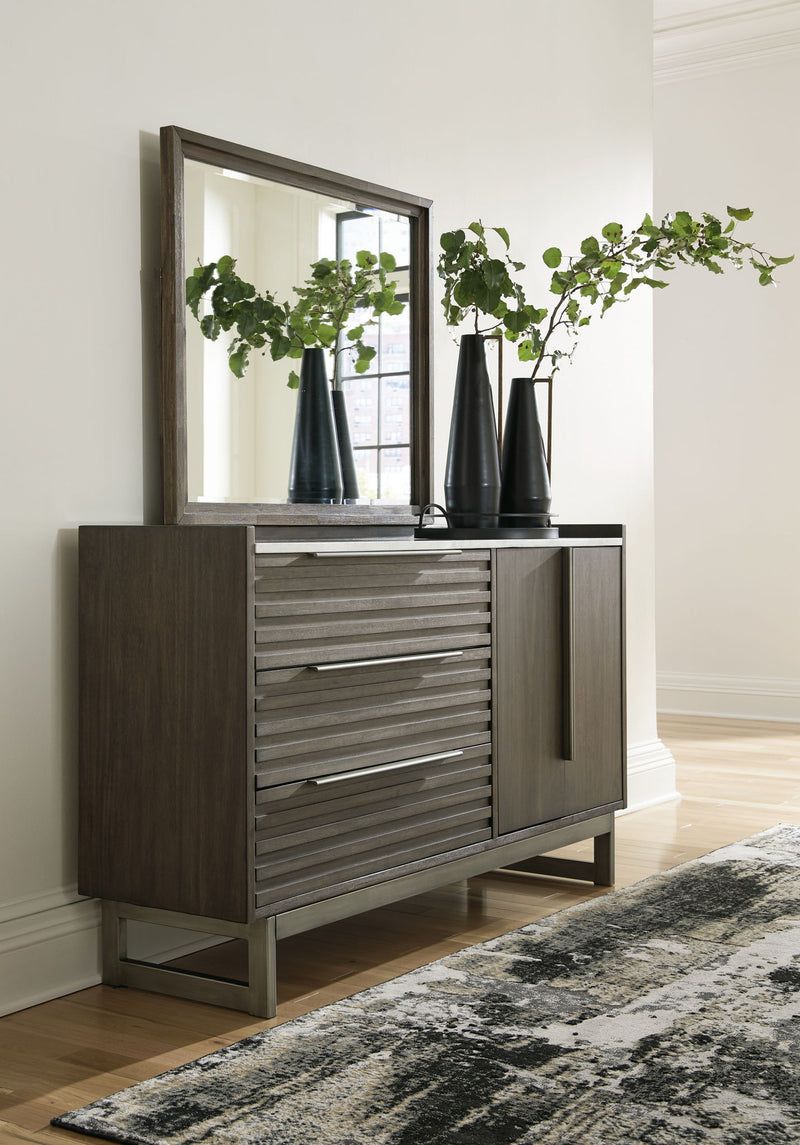 Arkenton - 5 Pc. - Dresser, Mirror, California King Panel Bed - Grayish Brown