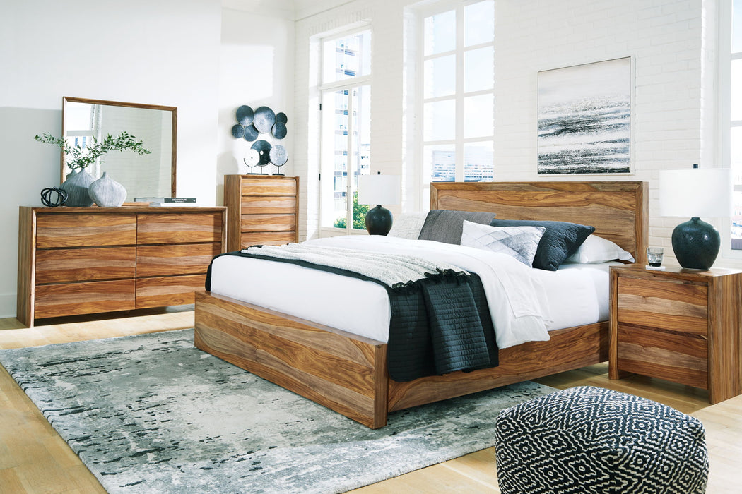 Dressonni - 3 Pc. - Dresser, Mirror, King Panel Bed - Brown