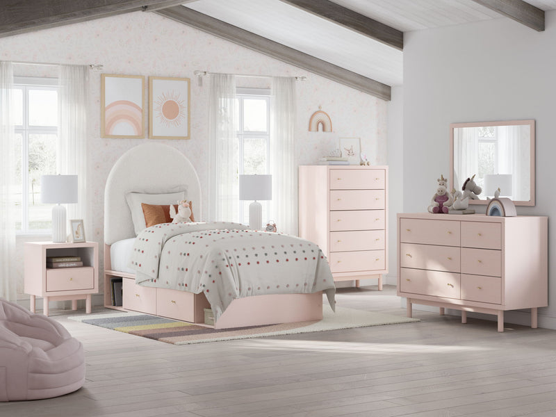 Wistenpine - 8 Pc. - Dresser, Mirror, Twin Upholstered Panel Bed With Side Storage, 2 Nightstands - Blush