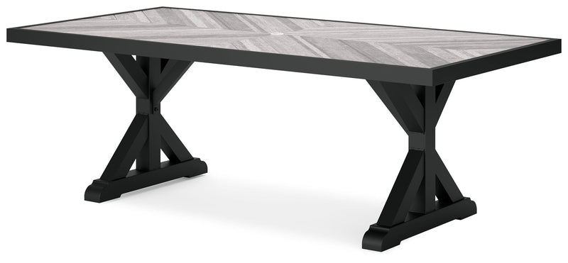 Beachcroft - 6 Pc. - Outdoor Dining Table, 2 Side Chairs, 2 Arm Chairs, Bench - Black / Light Gray