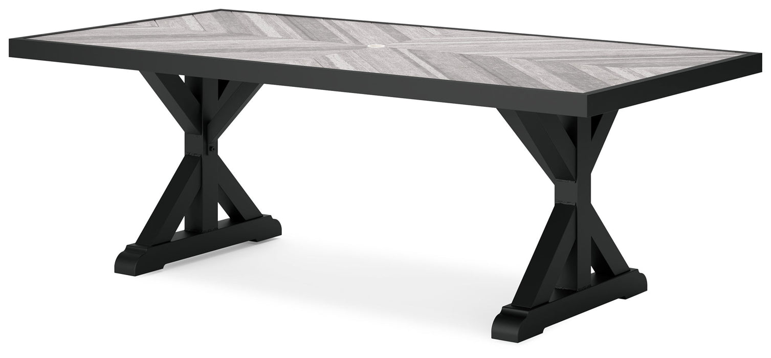 Beachcroft - 6 Pc. - Outdoor Dining Table, 2 Side Chairs, 2 Arm Chairs, Bench - Black / Light Gray