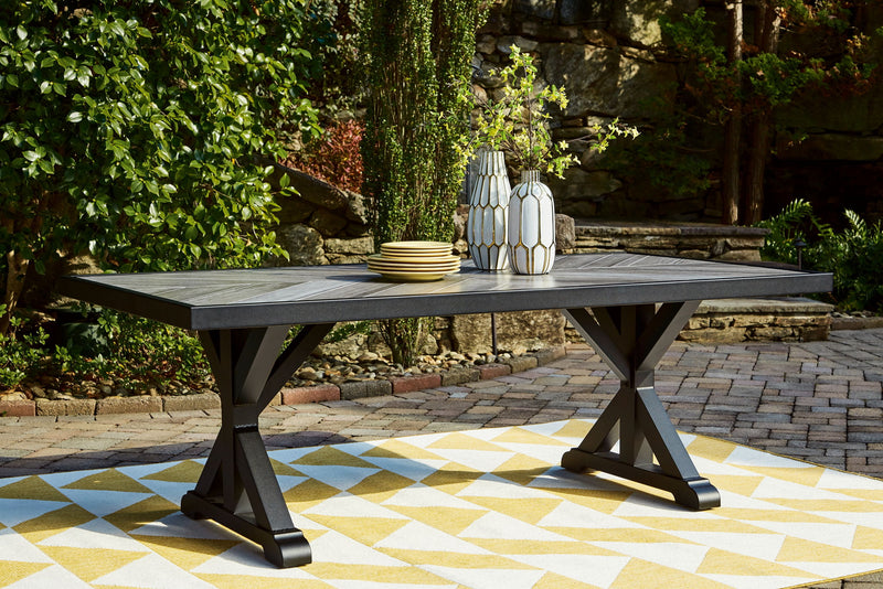 Beachcroft - 6 Pc. - Outdoor Dining Table, 2 Side Chairs, 2 Arm Chairs, Bench - Black / Light Gray