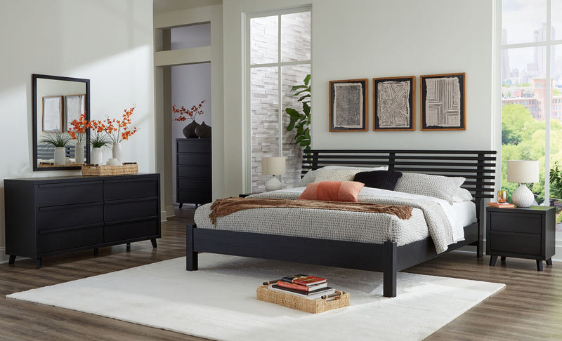 Danziar - 6 Pc. - Dresser, Mirror, Chest, King Slat Panel Bed With Low Footboard - Black
