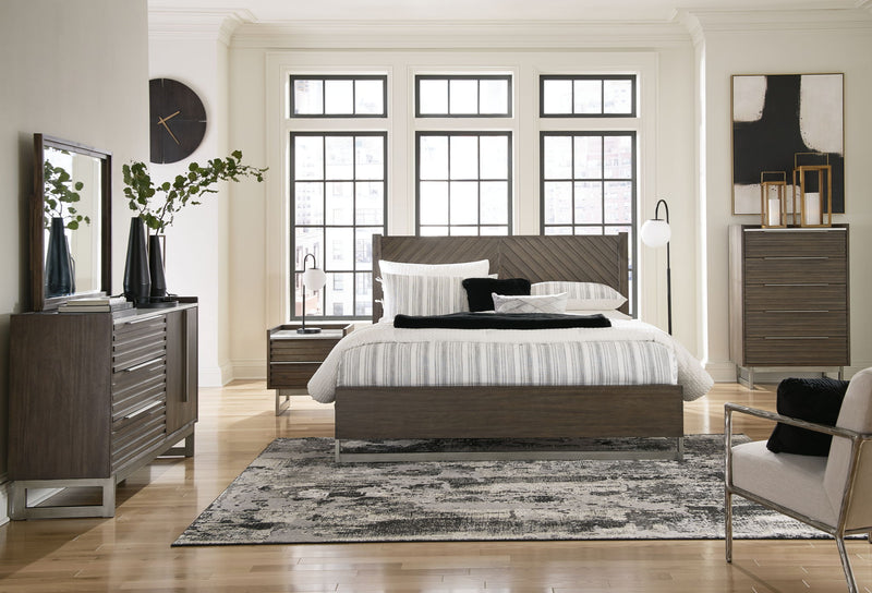 Arkenton - 7 Pc. - Dresser, Mirror, King Panel Bed, 2 Nightstands - Grayish Brown