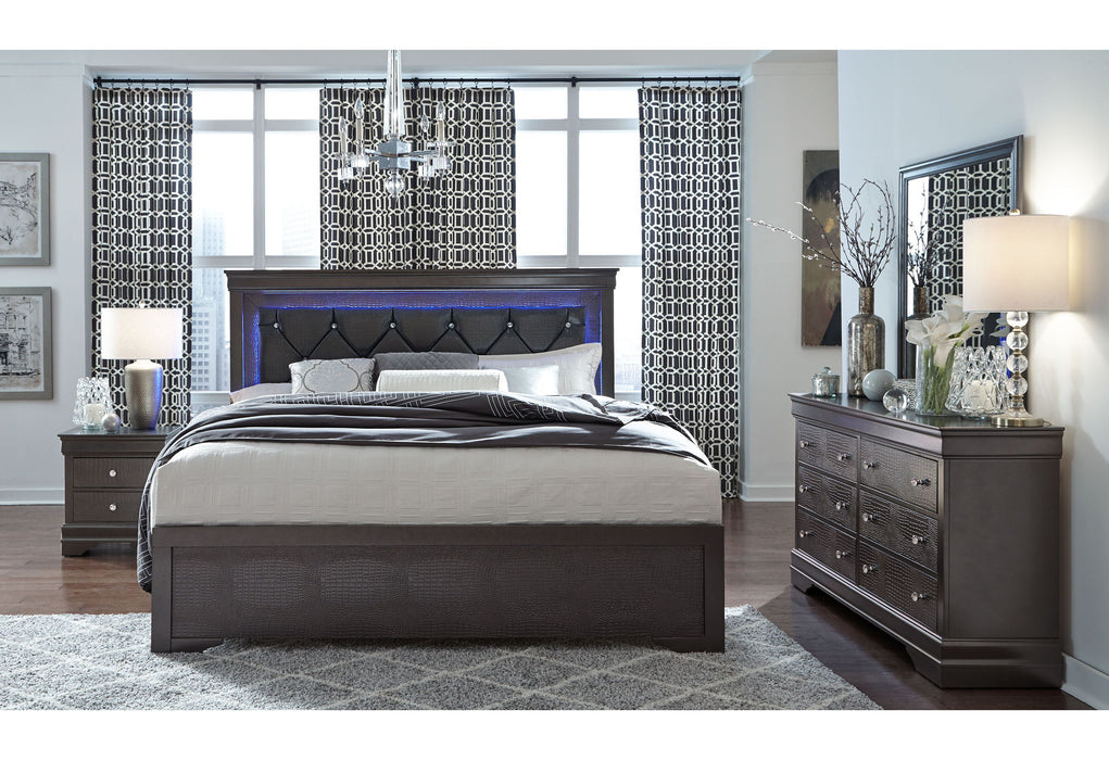Pompei - 5 Piece Queen Bedroom Set (Bed With LED, Dresser, Mirror, 2 Nightstands) - Gray