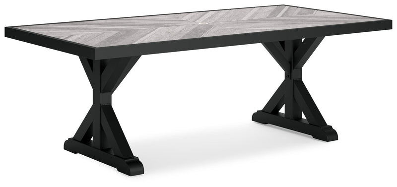 Beachcroft - 6 Pc. - Outdoor Dining Table, 2 Side Chairs, 2 Arm Chairs, Bench - Black / Light Gray