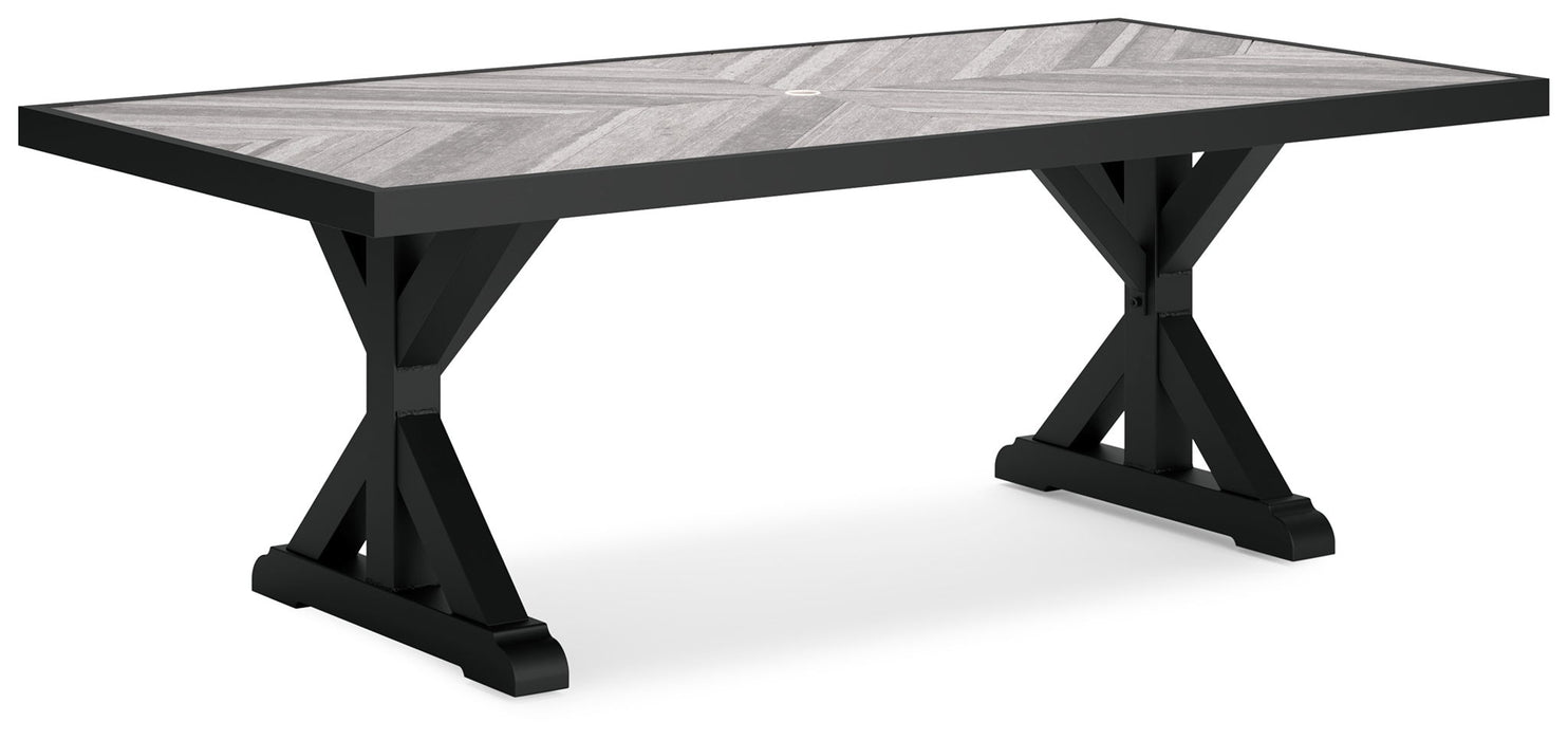 Beachcroft - 6 Pc. - Outdoor Dining Table, 2 Side Chairs, 2 Arm Chairs, Bench - Black / Light Gray