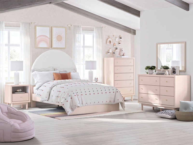 Wistenpine - 8 Pc. - Dresser, Mirror, Full Upholstered Panel Bed, 2 Nightstands - Blush